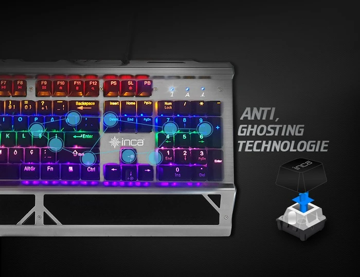 Inca IKG-444 Ophira Mechanical Gaming Tastatur, silber/schwarz, LEDs RGB, BLUE Switches, USB, DE