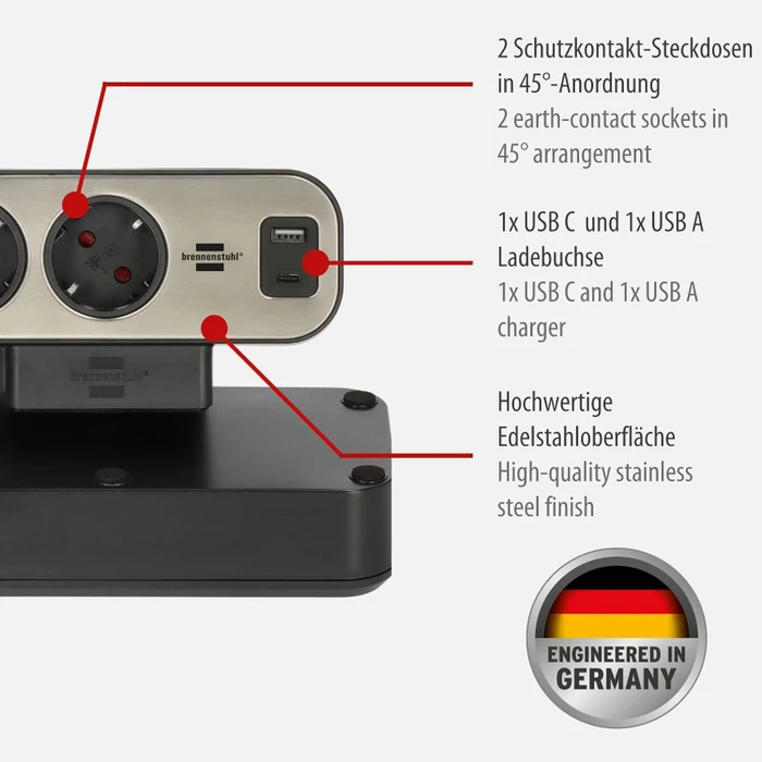 Brennenstuhl estilo Duplex Tischsteckdosenleiste mit Schalter, 10-fach, 1x USB-A/1x USB-C, 2m, silber/schwarz