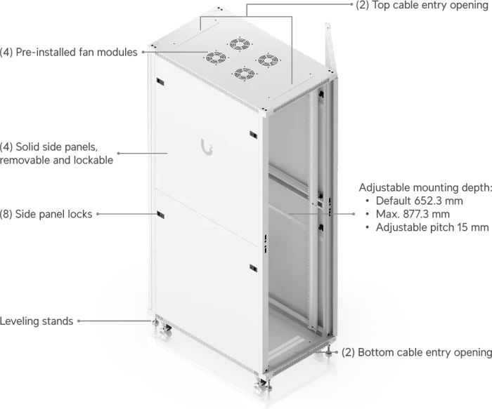 Ubiquiti 42U Rack Cabinet, 19" Rackschrank 42HE, mit Rollen, Gitternetztür, weiß, 1000mm tief
