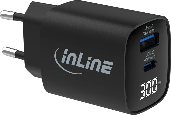 InLine 2-Port GaN Netzteil USB-C/USB-A, 1x USB-C + 1x USB-A, 30W, schwarz