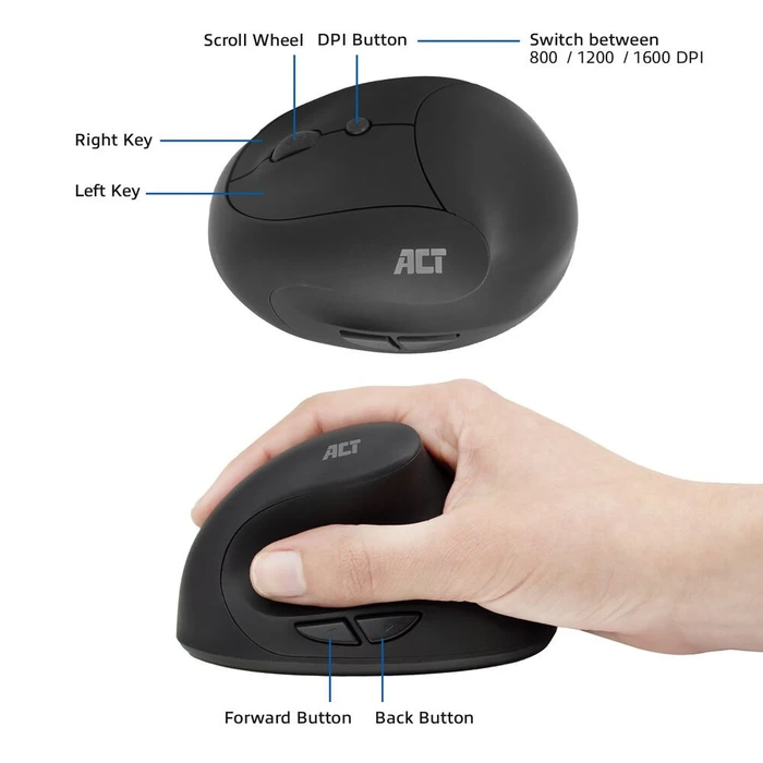 Act Wireless Ergonomic Mouse 1600dpi, schwarz, USB