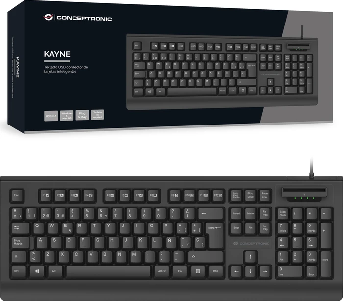Conceptronic Kayne Tastatur mit SmartID-Kartenleser, schwarz, USB, ES