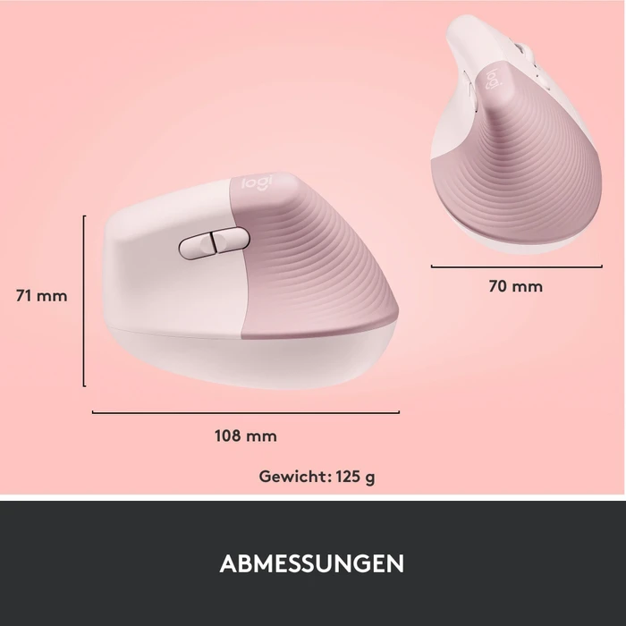 Logitech Lift Vertical Ergonomic Mouse, Rose, Logi Bolt, USB/Bluetooth