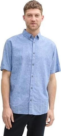 Tom Tailor Regular Fit Leinenanteil im Pünktchen-Muster Hemd kurzarm mid blue/dot design (Herren)