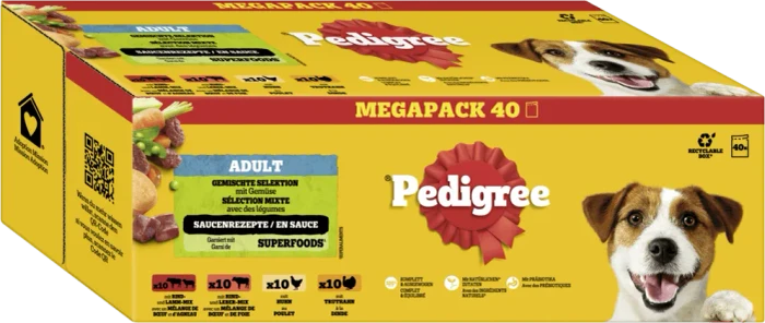 Pedigree Gemischte Selektion 4 Varietäten Rind- und Lammmischung, Rind- und Lebermischung, Huhn, Truthahn in Sauce, 4kg (40x 100g)