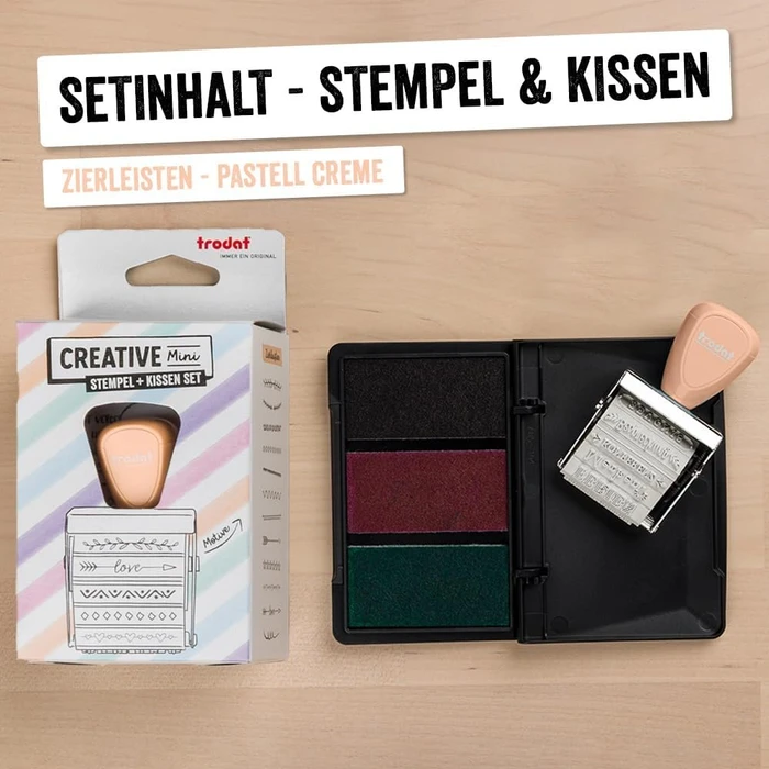 trodat Creative Mini Handstempel für 12 Abdrucke "Zierleisten" inkl. 3-farbigem Kissen, 30x5mm, pastell creme, 2er-Set