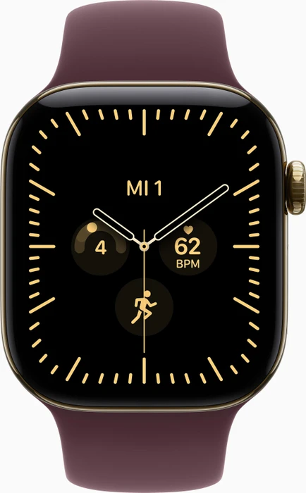 Apple Watch Series 12 (GPS + Cellular) 42mm Titan brillantgold mit Sportarmband M/L burgunder