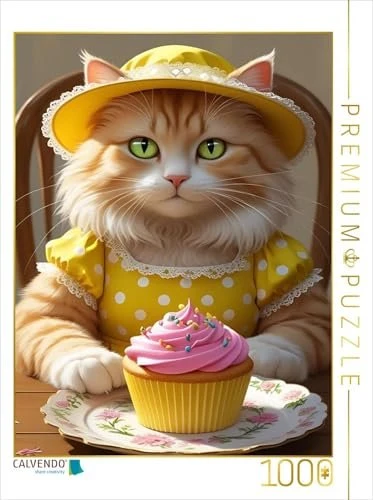 Calvendo Süße Katze mit Cupcake im Vintage-Kleid - lustiges Katzenbild für die Küche