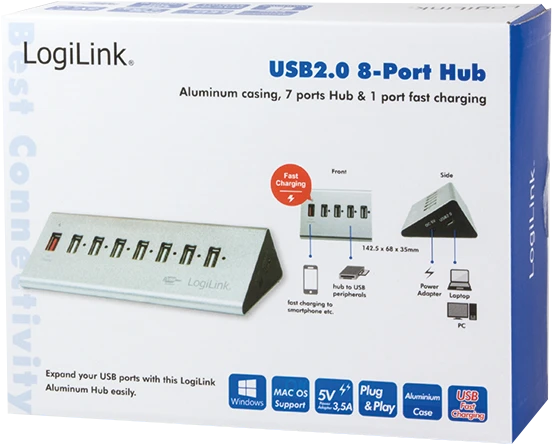 LogiLink Aluminium USB-Hub, 8x USB-A 2.0, USB 2.0 Micro-B [Buchse]