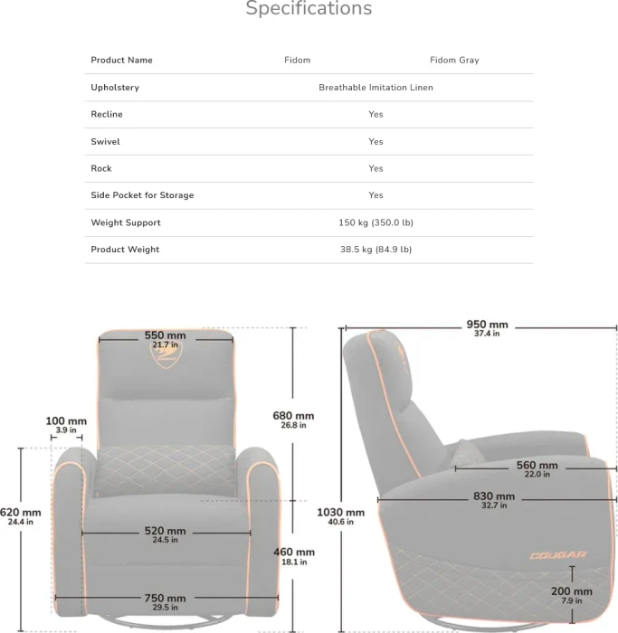 Cougar Fidom CGR-FDF-GRO Gaming-Sofa, grau
