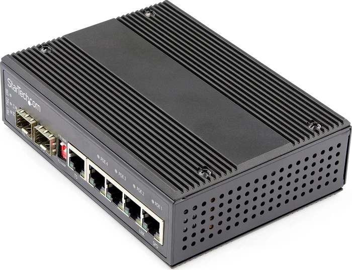 StarTech IES Industrial Railmount Gigabit Switch, 4x RJ-45, 1x RJ-45/SFP, 120W PoE+