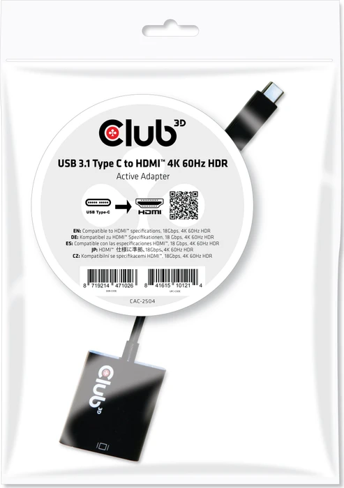 Club 3D aktiver USB Type-C Adapter auf HDMI, 4K 60Hz, USB-C 3.1 [Stecker]