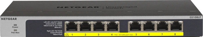 Netgear ProSAFE GS100 Desktop Gigabit Switch, 8x RJ-45, 60.5W PoE+