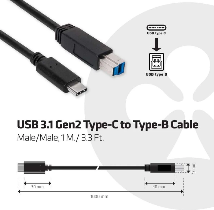 Club 3D USB 3.1 Adapterkabel, USB-B 3.1 Stecker auf USB-C 3.1 Stecker, 1m