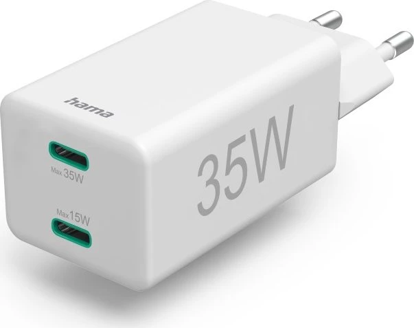 Hama Schnellladegerät 2x USB-C PD/Qualcomm Mini-Ladegerät 35W weiß