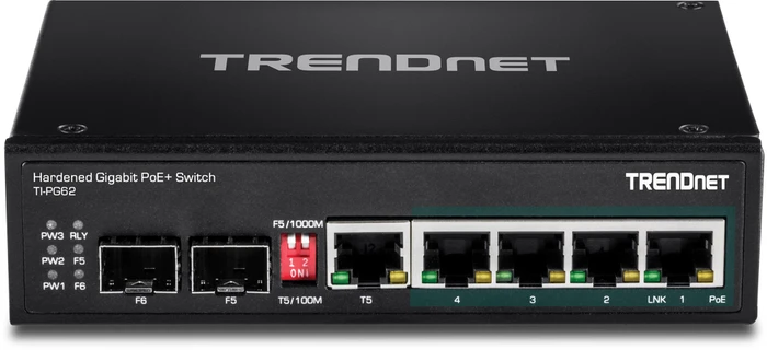 TRENDnet TI Hardened Industrial Railmount Gigabit Switch, 4x RJ-45, 1x SFP, 1x RJ-45/SFP, 120W PoE+
