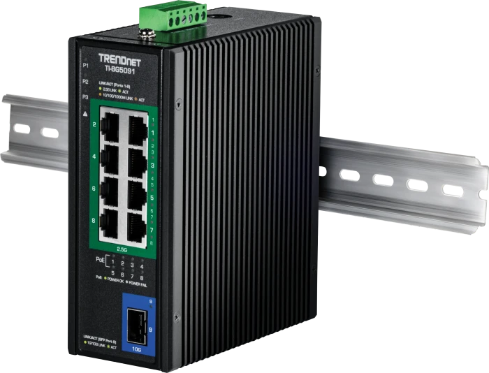 TRENDnet TI Hardened Industrial Railmount 2.5G Switch, 8x RJ-45, 1x SFP+, 480W PoE++