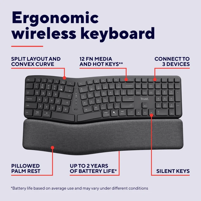 Trust Keyra Ergonomic Multi-Device Wireless Keyboard, schwarz, USB/Bluetooth, DE