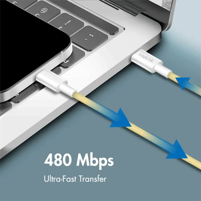 LogiLink USB-C Kabel, USB 2.0, 480Mb/s, 60W PD, USB-C Stecker auf USB-C Stecker, Nylon, gelb, 0.5m