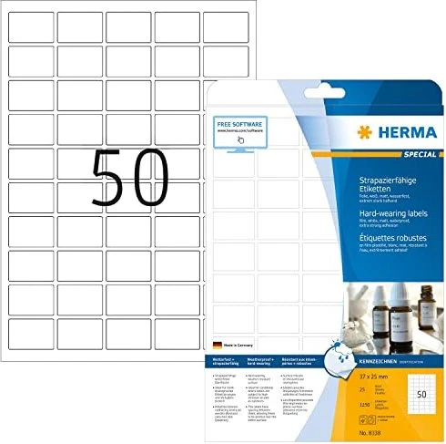 Herma Folienetiketten, 37x25mm, wetterfest, weiß, matt, 25 Blatt (1250 Etiketten)