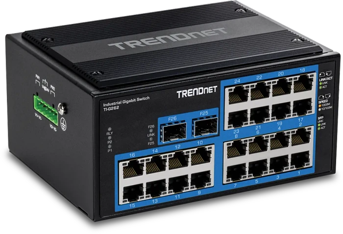 TRENDnet TI Hardened Industrial Railmount Gigabit Switch, 24x RJ-45, 2x SFP