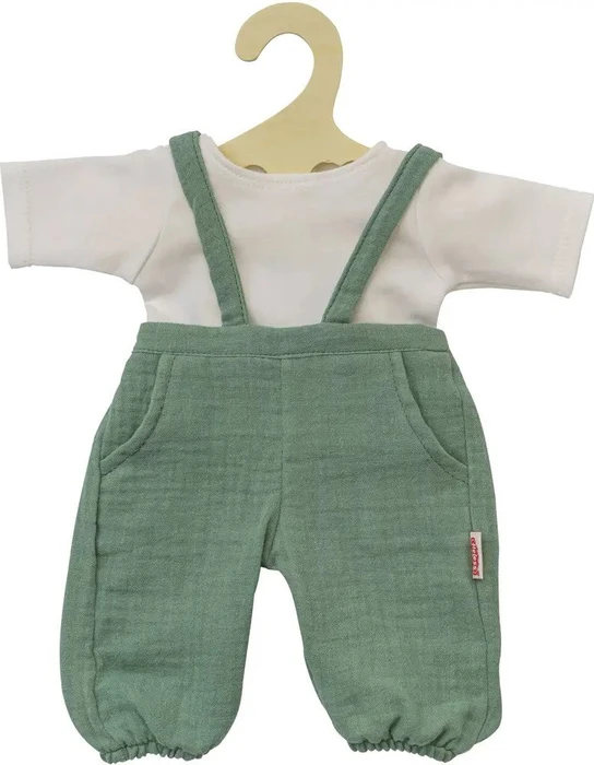 Heless Musselin-Puppen-Latzhose aus 100% Bio-Baumwolle salbeigrün mit weißem T-Shirt 35-45cm