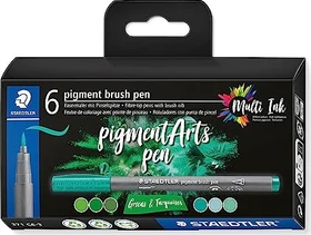 Staedtler pigment brush pen 371 greens & turquoises sortiert, 6er-Set