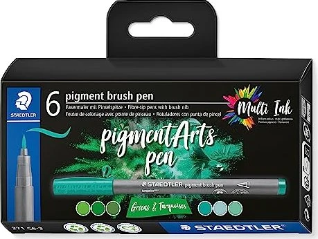 Staedtler pigment brush pen 371 greens & turquoises sortiert, 6er-Set