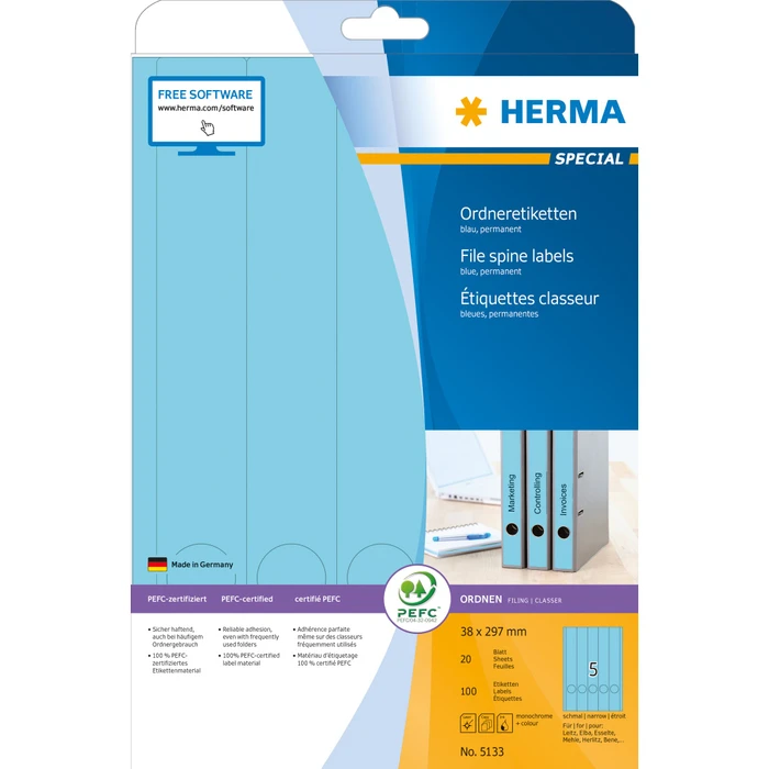 Herma Ordneretiketten, 38x297mm, blau, 20 Blatt (100 Etiketten)
