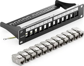 deleyCON Patchpanel für Keystone Module 10", 1HE, schwarz, inkl. RJ-45 Cat8 Module, 12-Port, 10", 1HE