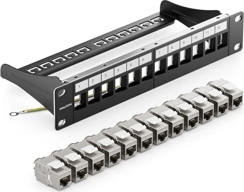 deleyCON Patchpanel für Keystone Module 10", 1HE, schwarz, inkl. RJ-45 Cat8 Module, 12-Port, 10", 1HE