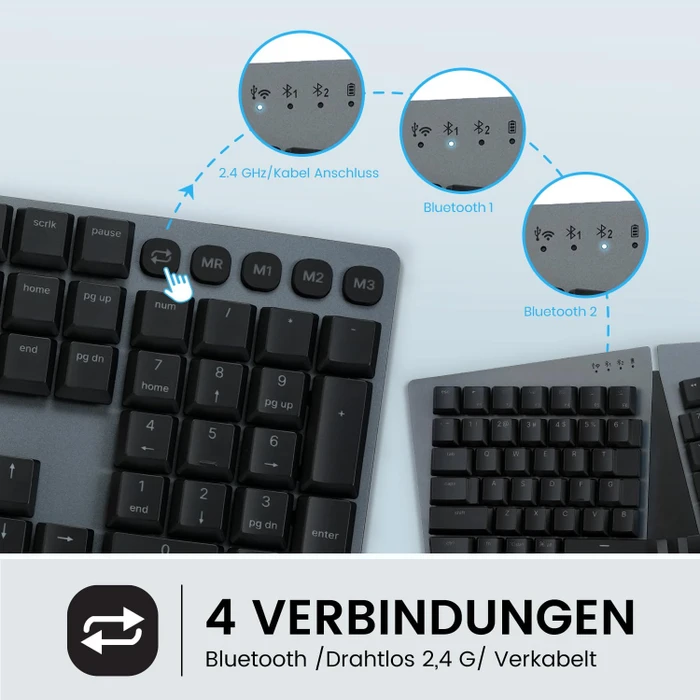 Perixx Periboard-835 Ergo Wireless, schwarz, LEDs RGB, Kailh Choc LOW PROFILE BROWN, USB/Bluetooth, DE