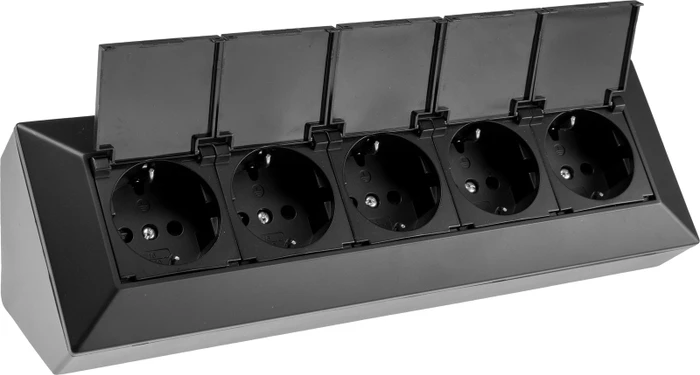 ChiliTec 5-fach Steckdosenblock, schwarz 250V~/ 16A, Aufbaumontage mit Klappen