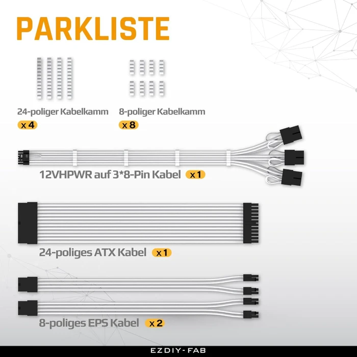 EZDIY-FAB 12VHPWR Cable Kit, 1x 24-Pin, 2x 4/8-Pin ATX, 1x 12VHPWR/3x 8-Pin PCIe, 16AWG, weiß/schwarz