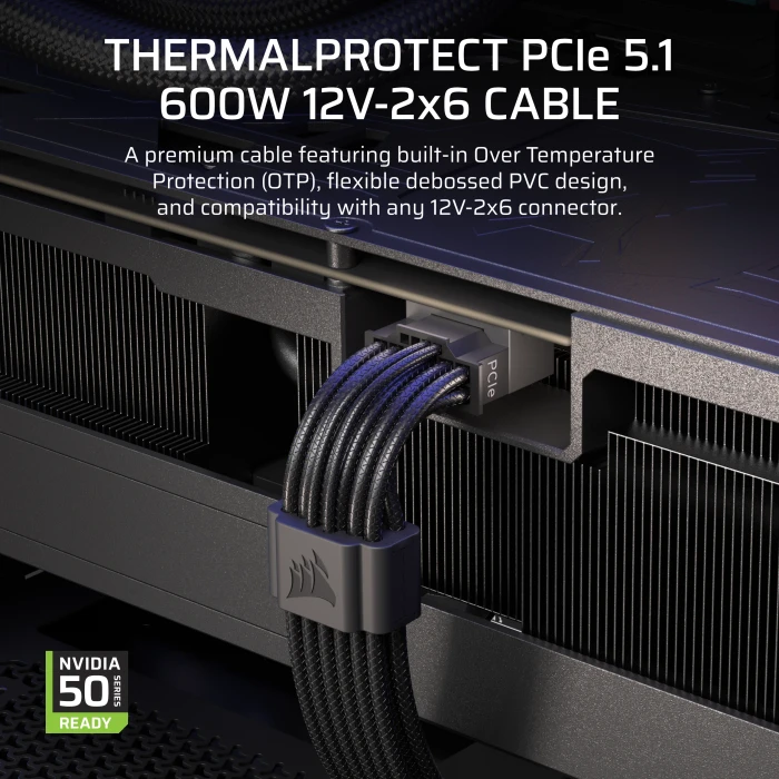 Corsair ThermalProtect PCIe 5.1 600W 12V-2x6 GPU Power Cable, schwarz, 65cm