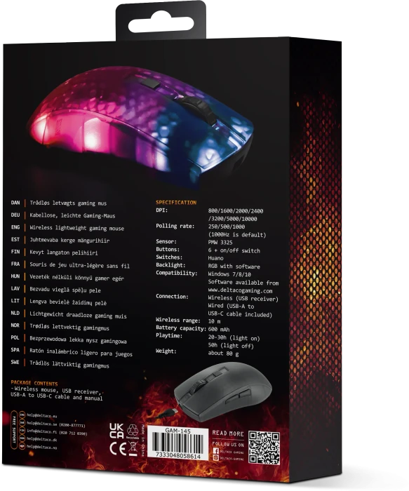 Deltaco DM320 Wireless RGB Lightweight Gaming Mouse schwarz/transluzent, USB