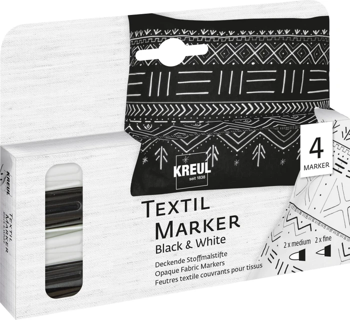 Kreul Textil Marker Opak Black & White 4 Farben/schwarz, 4er-Set