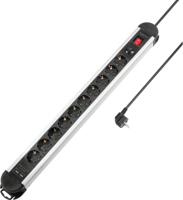 Sygonix Steckdosenleiste mit Schalter und Überspannungsschutz, 10-fach, mit 2x USB, 1.5m, schwarz/silber