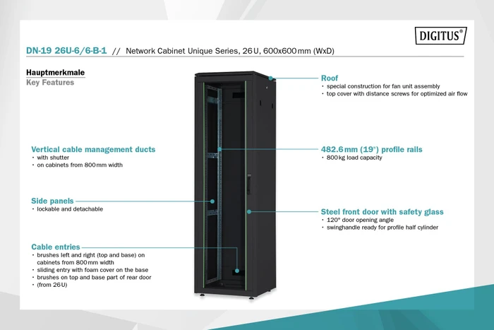 Digitus Professional Unique Serie Serverschrank 26HE, Sicherheitsglastür, IP2X, schwarz, 600mm tief