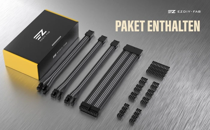 EZDIY-FAB Cable Extension Kit, 1x 24-Pin, 1x 4/8-Pin ATX, 2x 8-Pin PCIe, 18AWG, schwarz/grau
