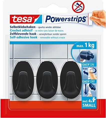 tesa Powerstrips Klebehaken small schwarz, Klebehaken, 3 Stück