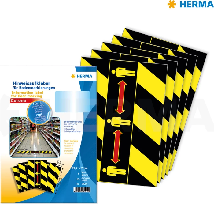 Herma Bodenetiketten Abstand halten mit Piktogramm, 100mm, ablösbar, wetterfest, schwarz/gelb, matt, 5 Blatt (15 Etiketten)