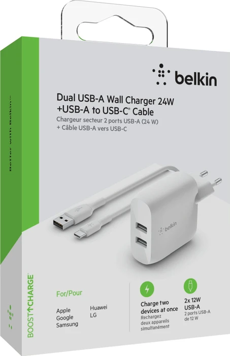 Belkin BoostCharge Dual USB-A Netzladegerät 24W + USB-C-Kabel weiß