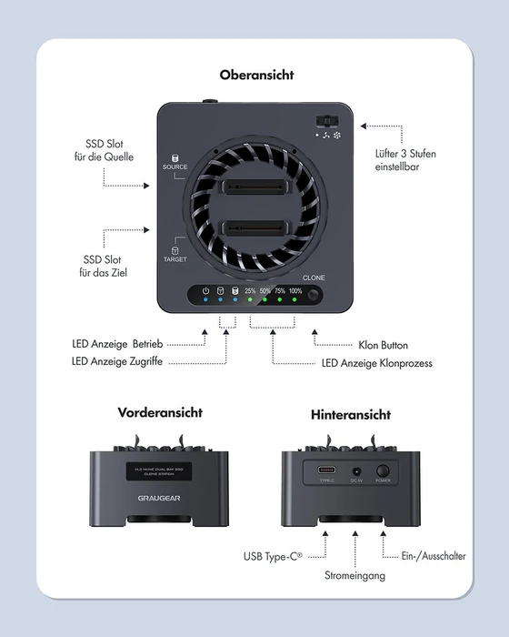 Graugear G-M2DK-CL-20G, M.2 NVMe Dockingstation mit Klon-Funktion, USB-C 3.2