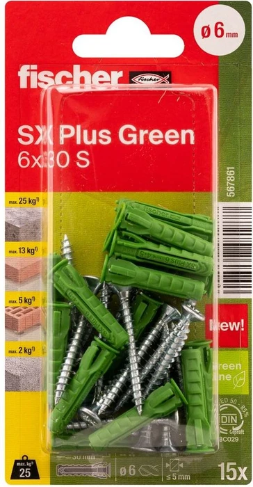 fischer SX Plus Green 6x30 S K (15) Schrauben/Dübel-Sortiment, 15 Stück
