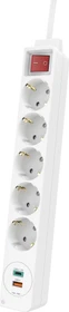 Hama Steckdosenleiste mit Schalter und Winkel-Flachstecker, 5-fach, 1x USB-A/1x USB-C 18W USB-PD, 1.4m, weiß