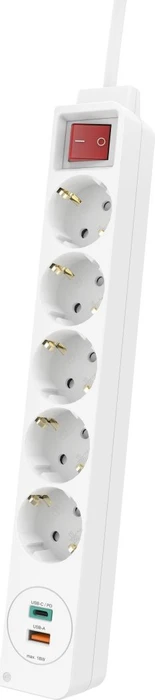 Hama Steckdosenleiste mit Schalter und Winkel-Flachstecker, 5-fach, 1x USB-A/1x USB-C 18W USB-PD, 1.4m, weiß