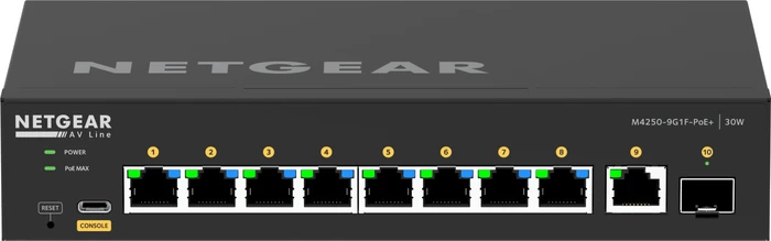 Netgear AV Line M4250 Desktop Gigabit Managed Switch, 9x RJ-45, 1x SFP, 110W PoE+