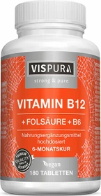 Vispura Vitamin B12 1.000µg hochdosiert + Folsäure + B6 vegane Tabletten, 180 Stück
