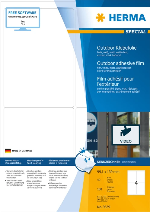 Herma Etiketten Outdoor, 99.1x139mm, wetterfest, weiß, matt, 40 Blatt (160 Etiketten)